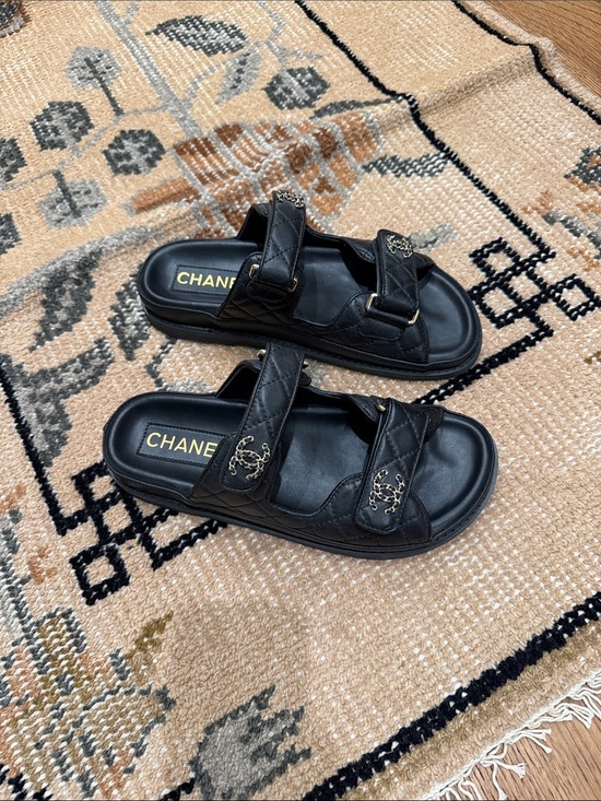 CHANEL Shoes - CHANEL Black Quilted Double-Strap Logo Slide Sandals 38
